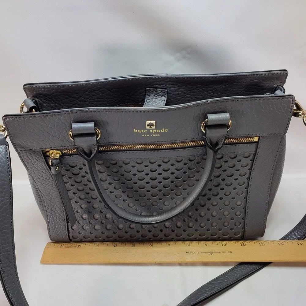 Kate‎ Spade Perri Lane Women Gray Leather Pebbled Gold Hardware Crossbody Tote